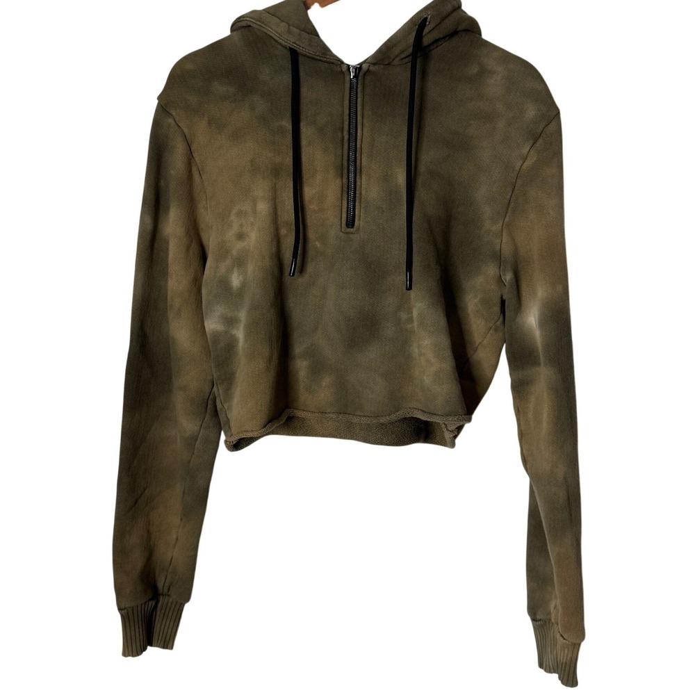 Cotton Citizen Brooklyn Cropped Quarter Zip Hoodie Sweatshirt Olive Womens Small